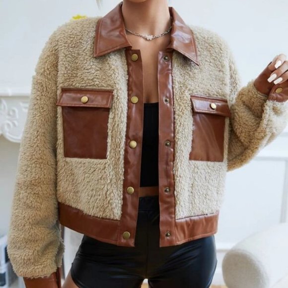 faux fur Teddy Crop Jacket Coat Brown - Picture 6 of 6